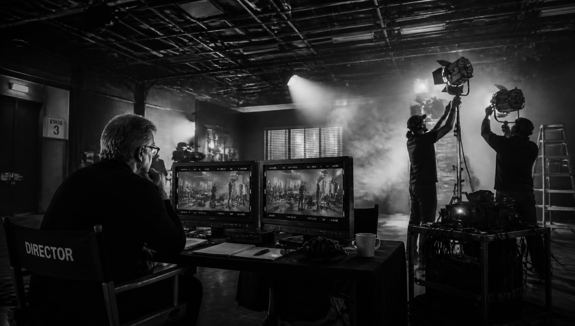 Director reviewing monitors while the crew adjusts lighting on set